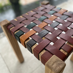 Artisan Natural Teak and Multitone Leather Striped Stool - Home Furniture Interiors