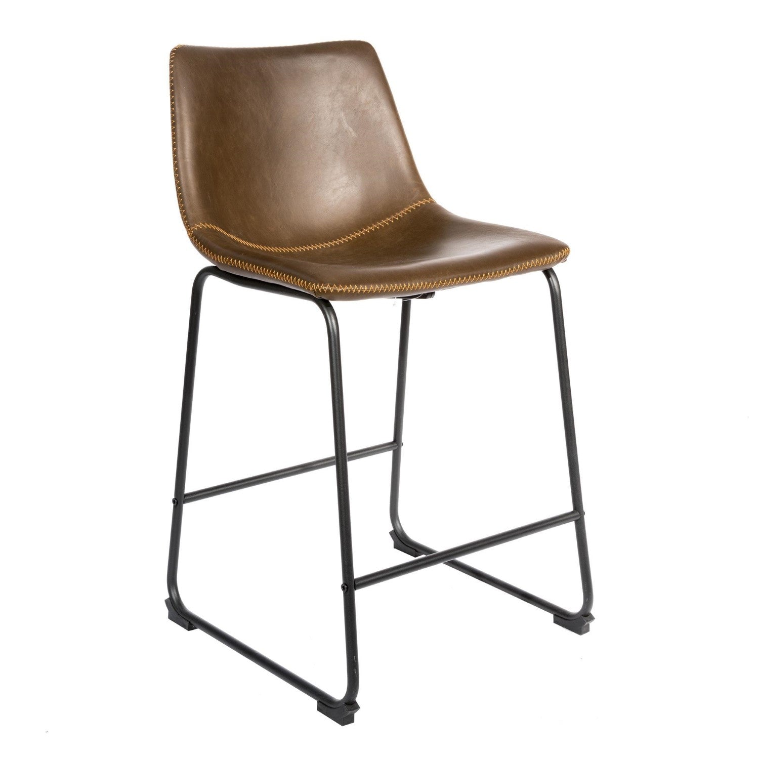 Modern Brown PU Leather Counter Stool with Curved Back and Black Sled Base