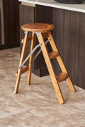 Modern Natural and Grey Mango Wood Step Ladder Stool with Gunmetal Steel