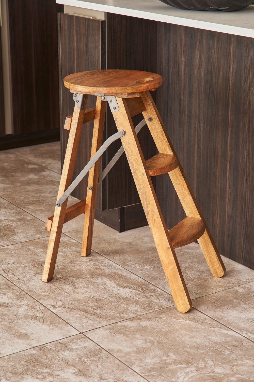 Modern Natural and Grey Mango Wood Step Ladder Stool with Gunmetal Steel
