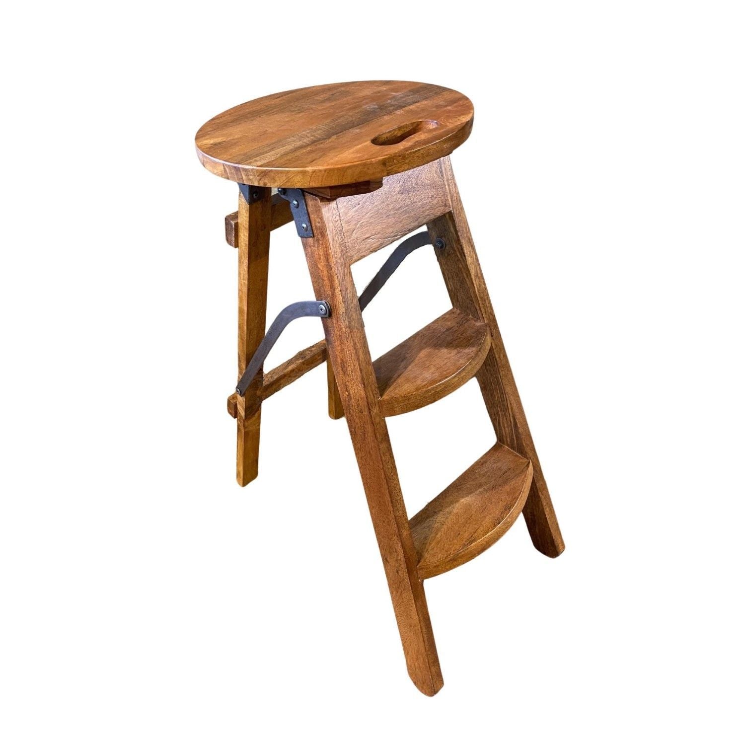 Modern Natural and Grey Mango Wood Step Ladder Stool with Gunmetal Steel - Home Furniture Interiors