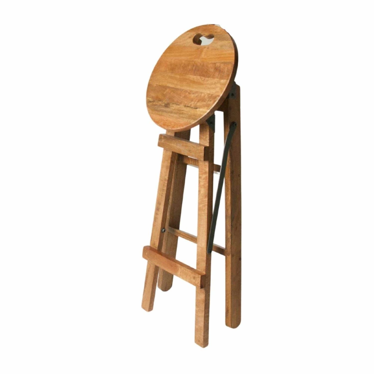 Modern Natural and Grey Mango Wood Step Ladder Stool with Gunmetal Steel - Home Furniture Interiors