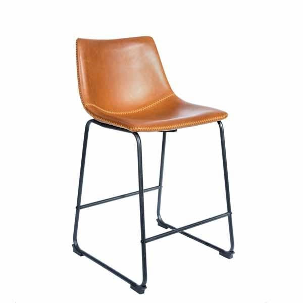 Modern Tan PU Leather Counter Stool with Curved Back and Black Sled Base
