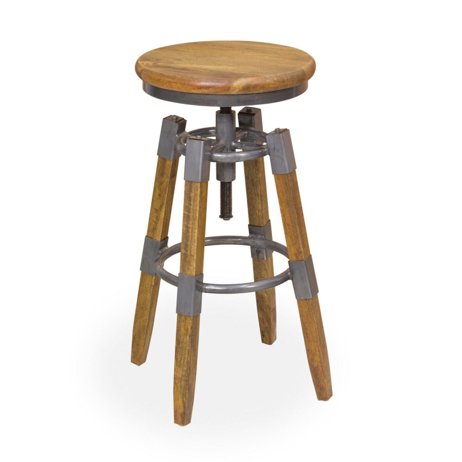 Natural Mango Wood and Metal Adjustable Swivel Breakfast Bar Stool