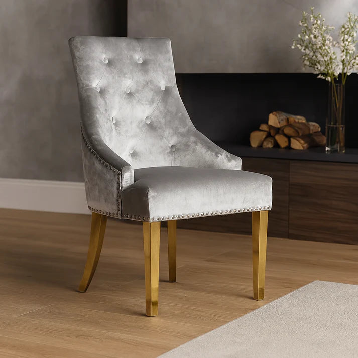 Silver Grey Shimmer Velvet Dining Chair with Lion Knocker and Gold Legs