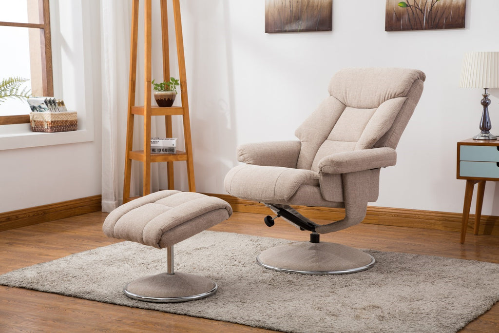Beige Fabric Swivel Recliner Armchair and Footstool