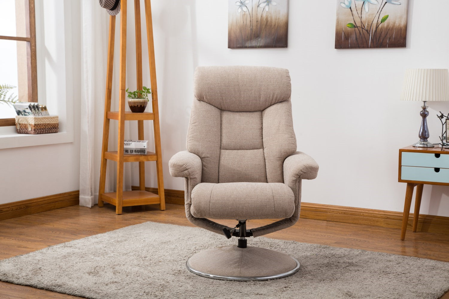 Beige Fabric Swivel Recliner Armchair and Footstool