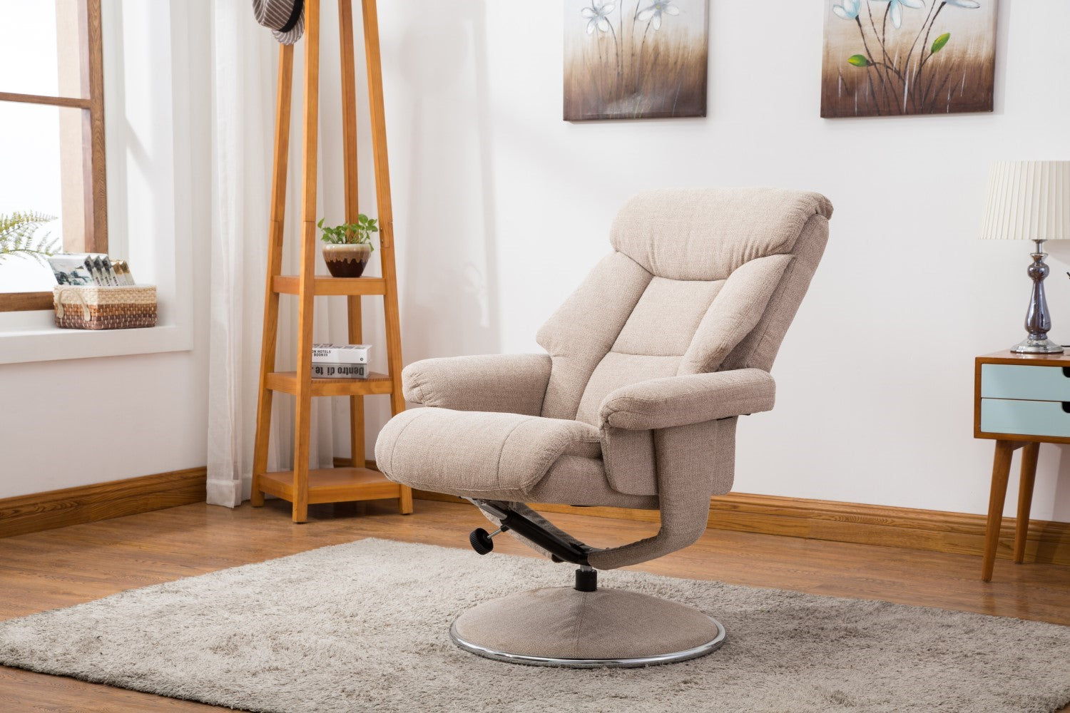 Beige Fabric Swivel Recliner Armchair and Footstool