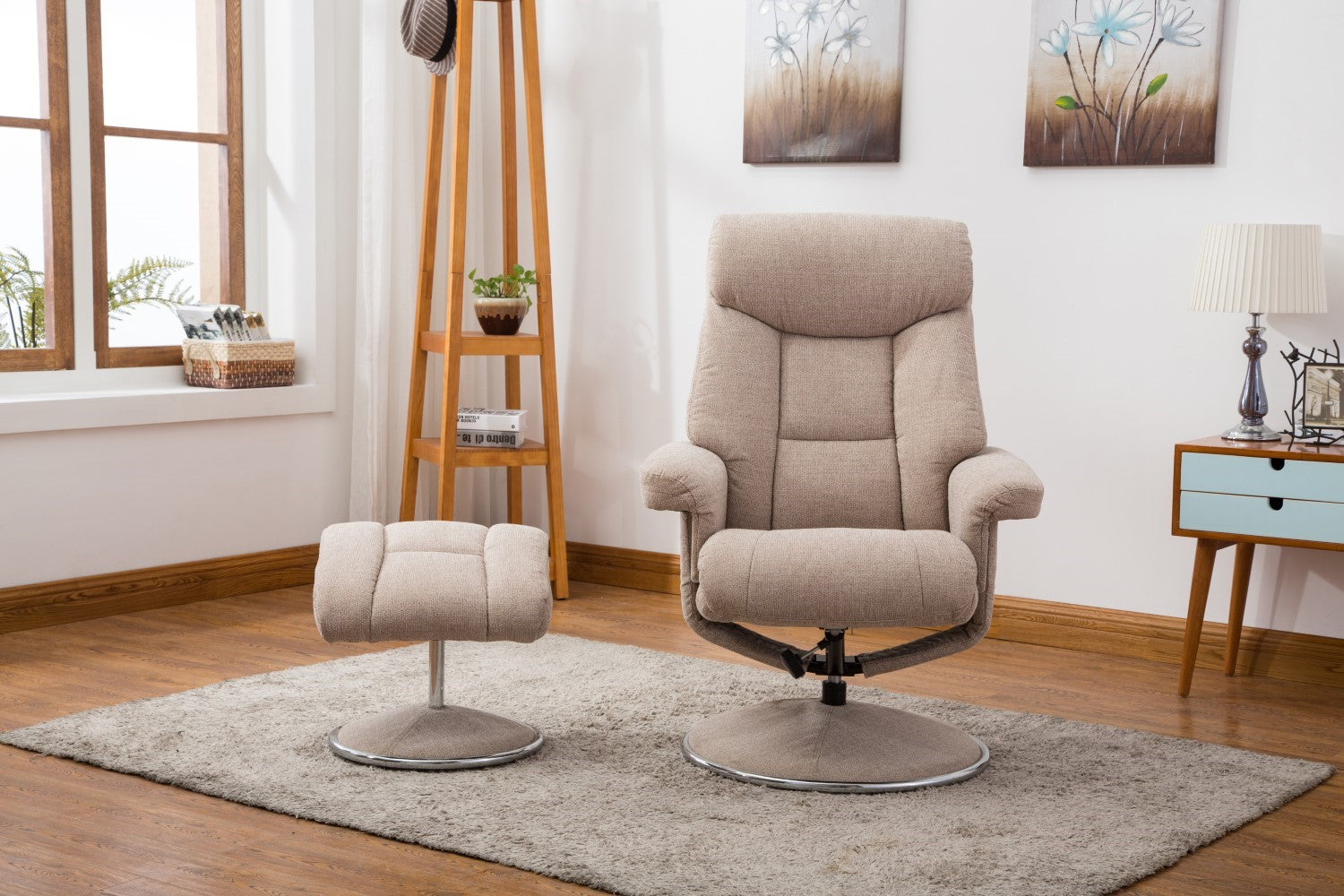 Beige Fabric Swivel Recliner Armchair and Footstool