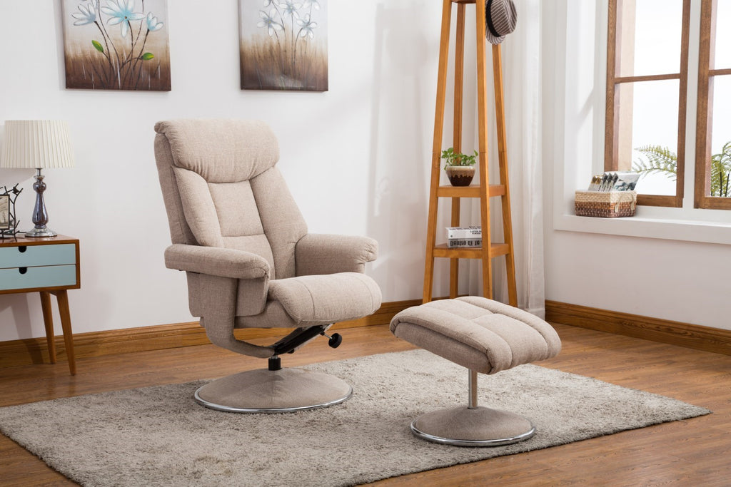 Beige Fabric Swivel Recliner Armchair and Footstool
