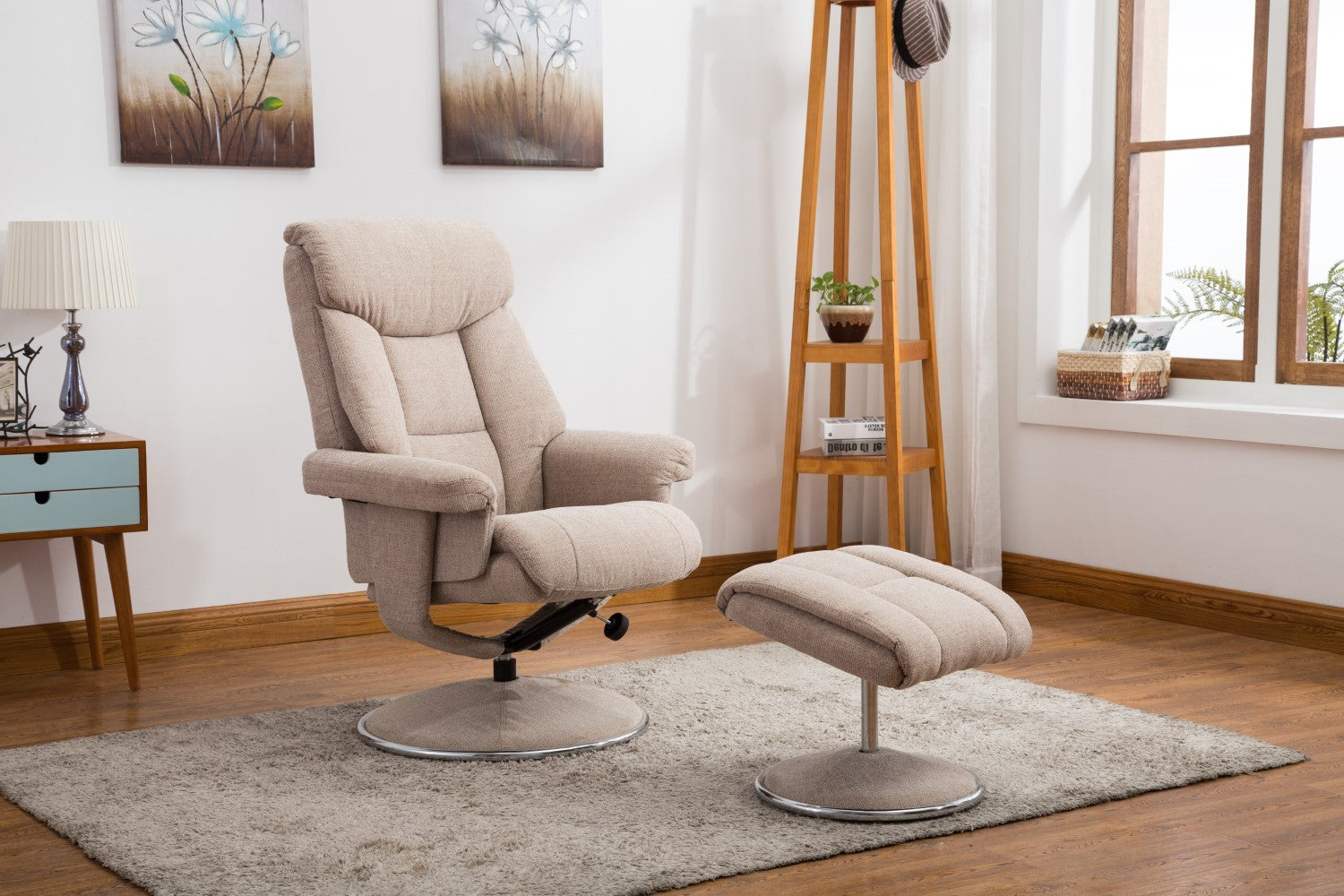 Beige Fabric Swivel Recliner Armchair and Footstool