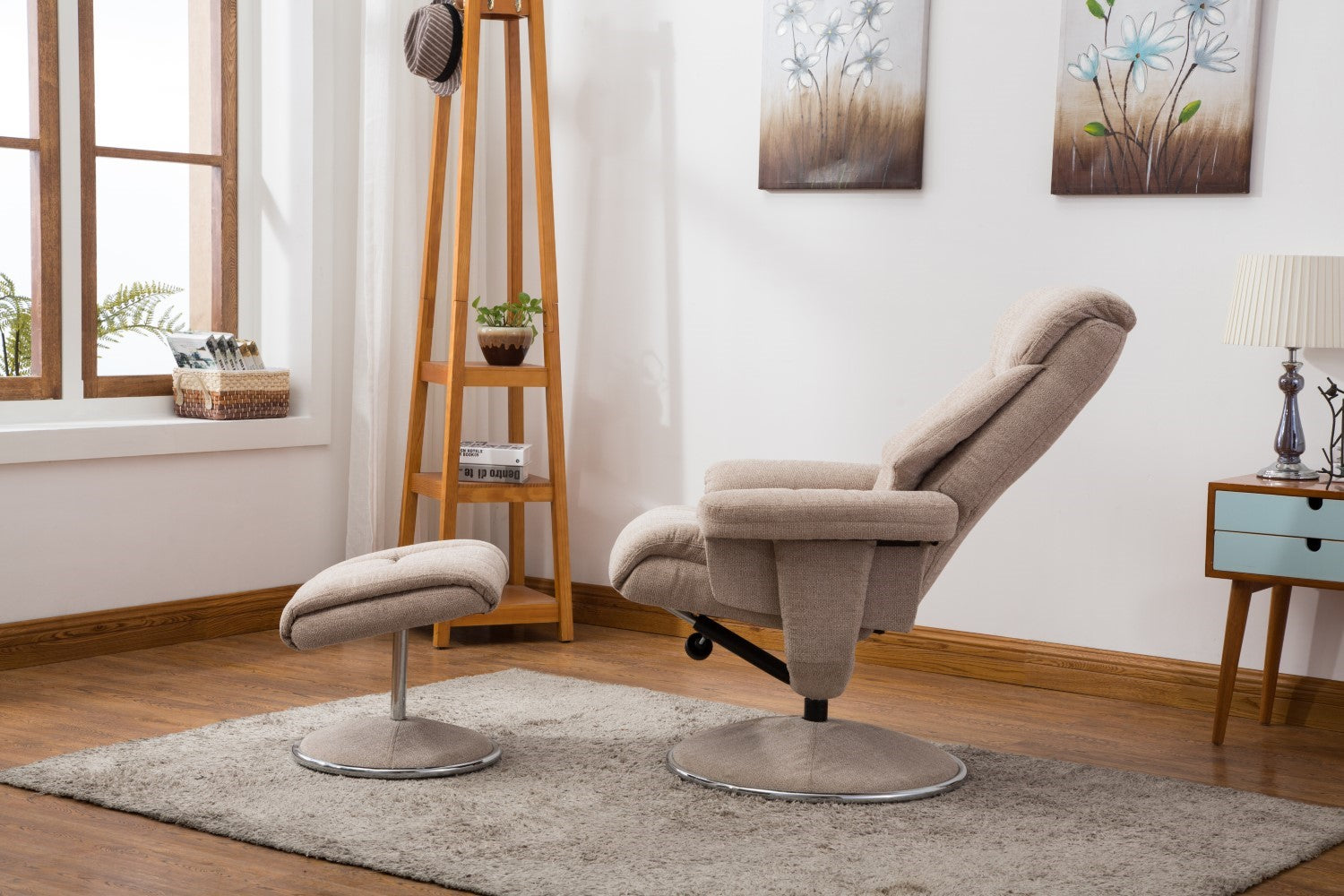 Beige Fabric Swivel Recliner Armchair and Footstool