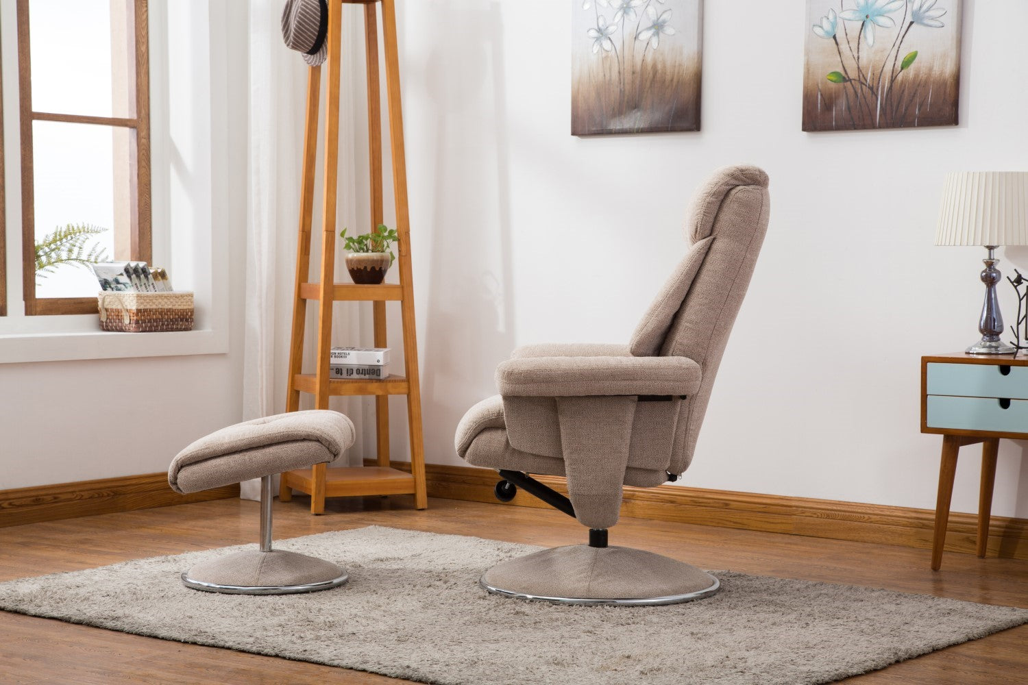 Beige Fabric Swivel Recliner Armchair and Footstool