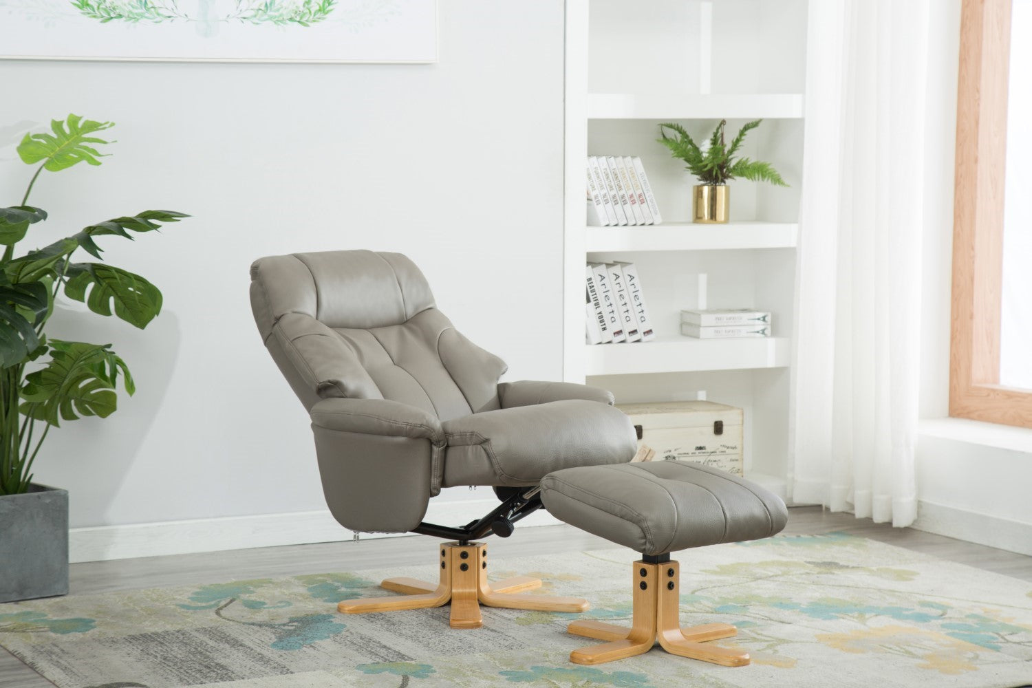 Grey Leather Effect Swivel Reclining Armchair with Footstool