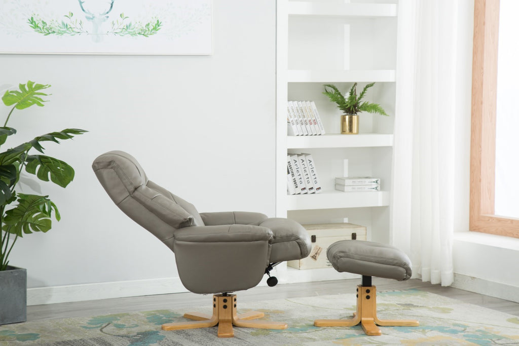 Grey Leather Effect Swivel Reclining Armchair with Footstool