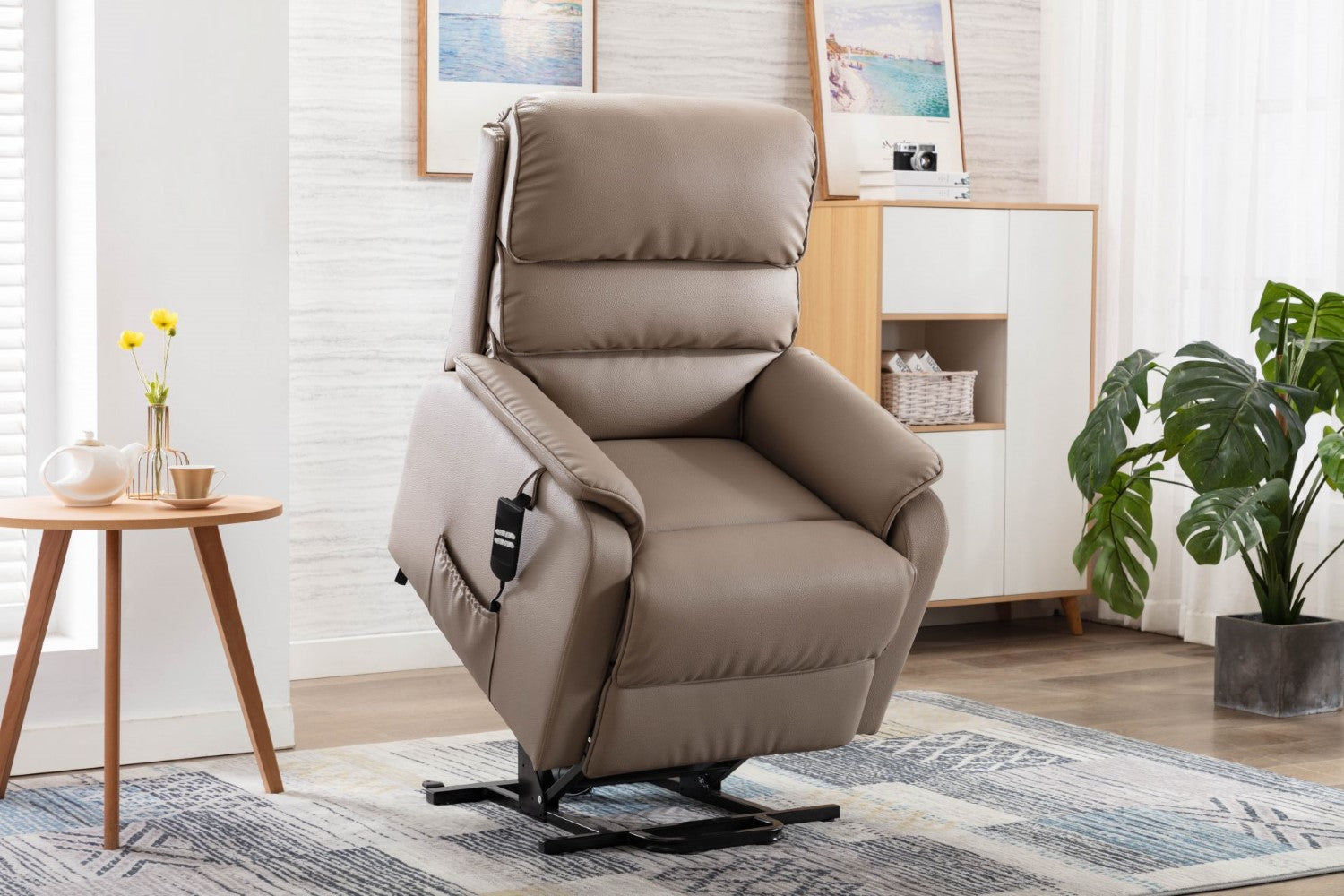 Light Brown Leather Electric Lift and Tilt Recliner Armchair