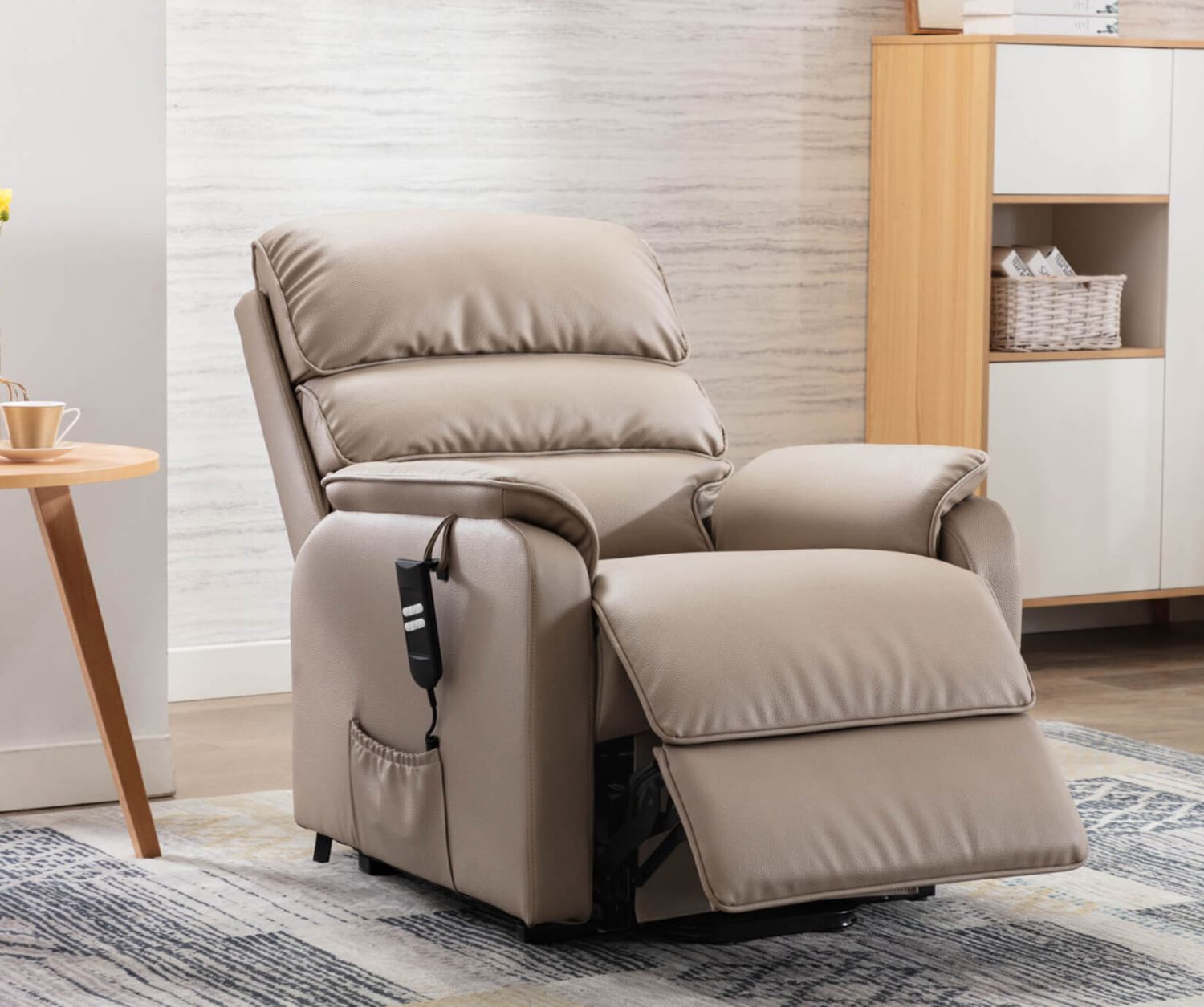Light Brown Leather Electric Lift and Tilt Recliner Armchair - Home Furniture Interiors