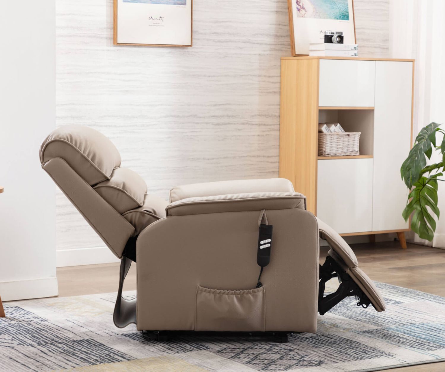 Light Brown Leather Electric Lift and Tilt Recliner Armchair - Home Furniture Interiors