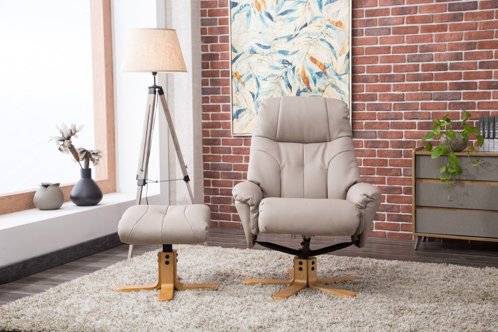 Putty Grey Leather Swivel Recliner Armchair with Footstool - Home Furniture Interiors