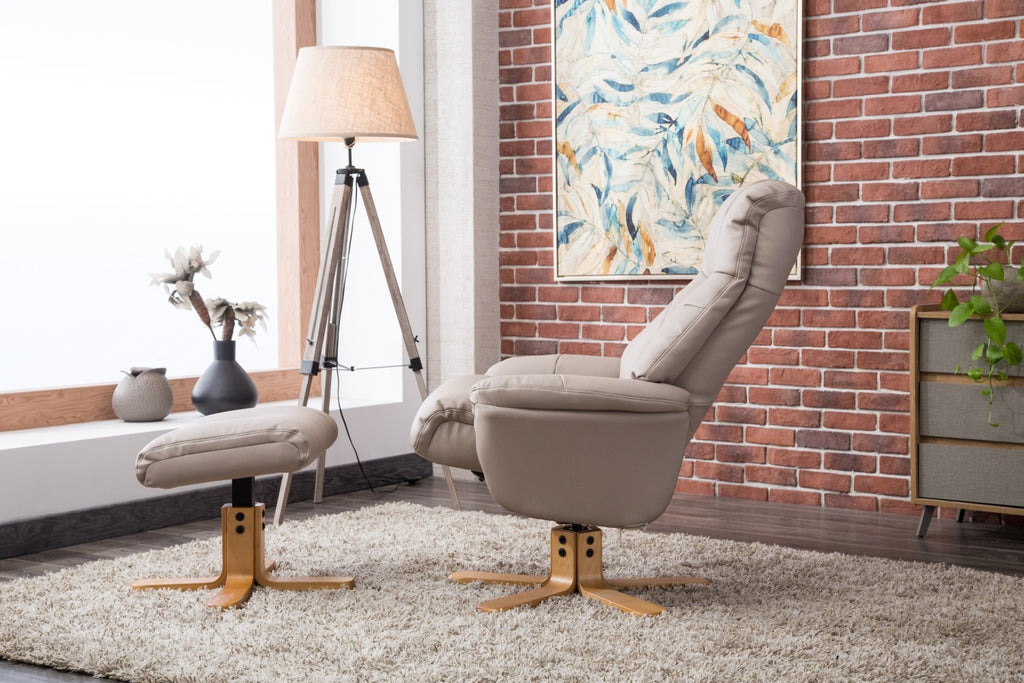 Putty Grey Leather Swivel Recliner Armchair with Footstool - Home Furniture Interiors
