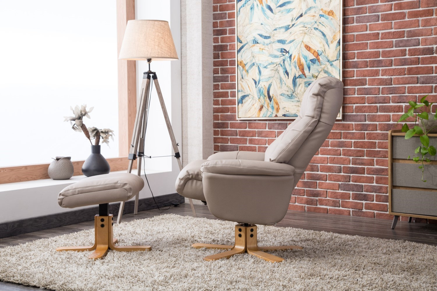 Putty Grey Leather Swivel Recliner Armchair with Footstool - Home Furniture Interiors
