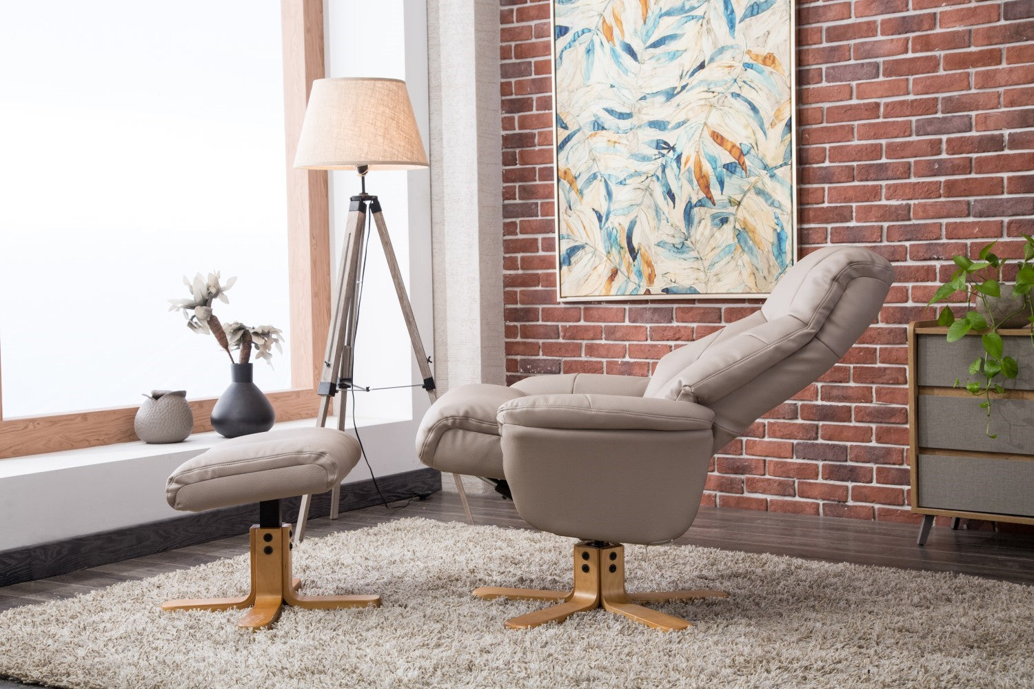 Putty Grey Leather Swivel Recliner Armchair with Footstool - Home Furniture Interiors