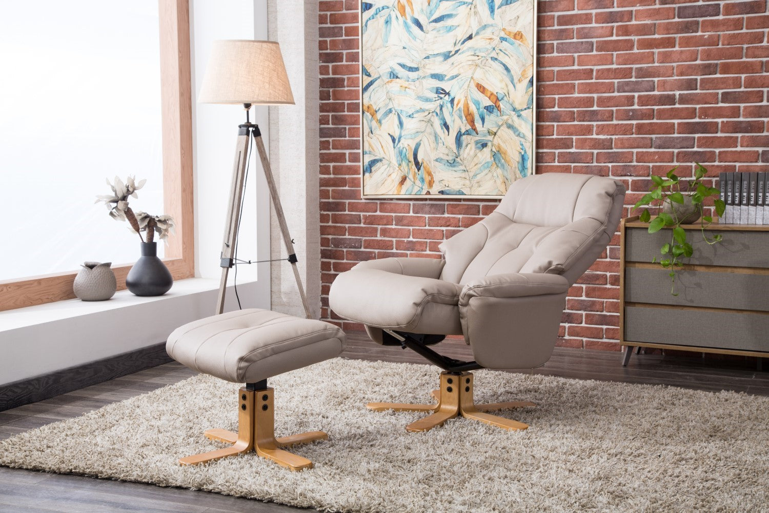 Putty Grey Leather Swivel Recliner Armchair with Footstool - Home Furniture Interiors