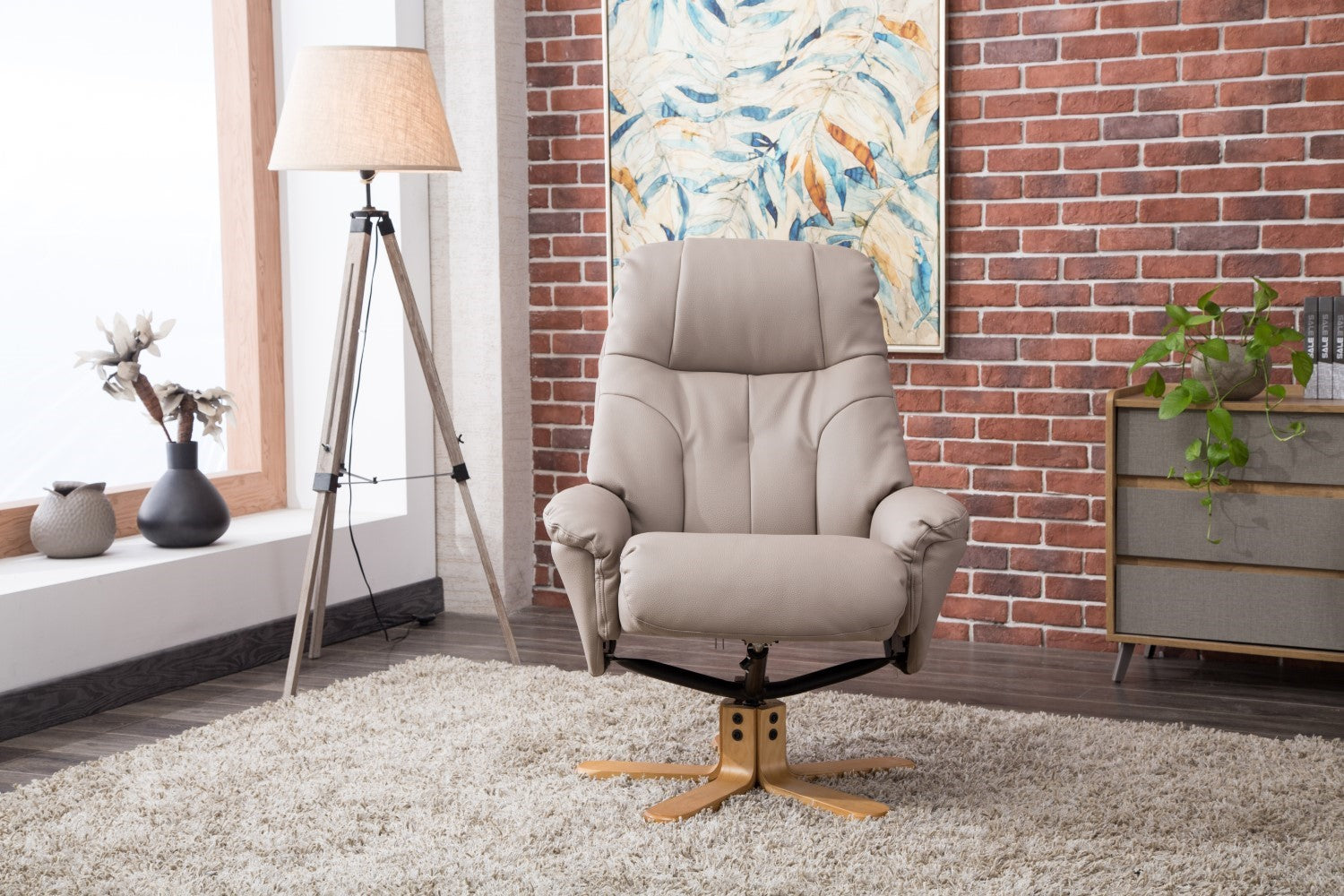 Putty Grey Leather Swivel Recliner Armchair with Footstool - Home Furniture Interiors