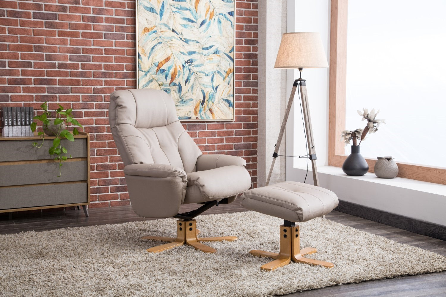 Putty Grey Leather Swivel Recliner Armchair with Footstool - Home Furniture Interiors