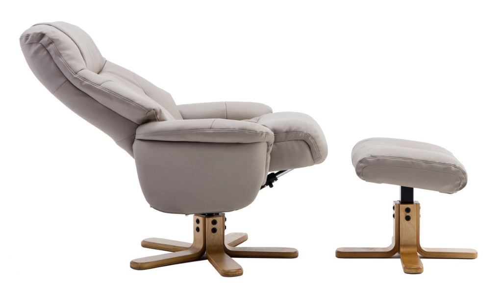 Putty Grey Leather Swivel Recliner Armchair with Footstool - Home Furniture Interiors