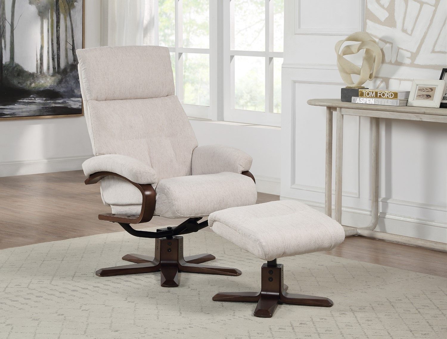 Beige Fabric Swivel Recliner Chair With Footstool