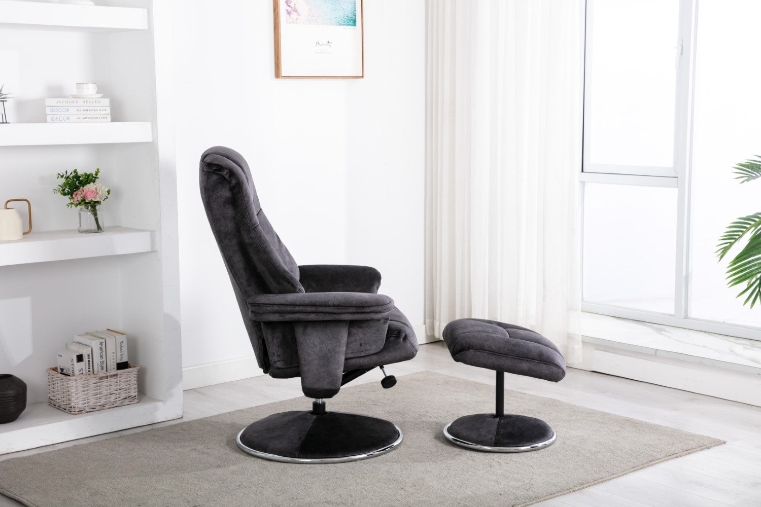 Modern Black Fabric Swivel Recliner Armchair Footstool set Chrome Trim Base