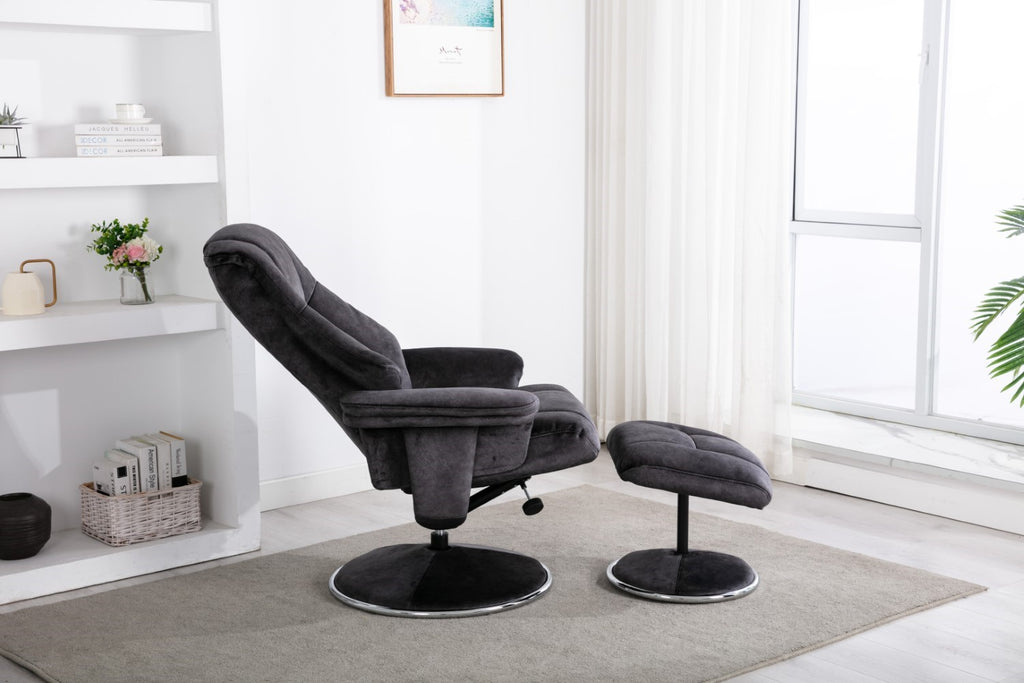 Black Fabric Swivel Recliner Armchair with Footstool - Home Furniture Interiors