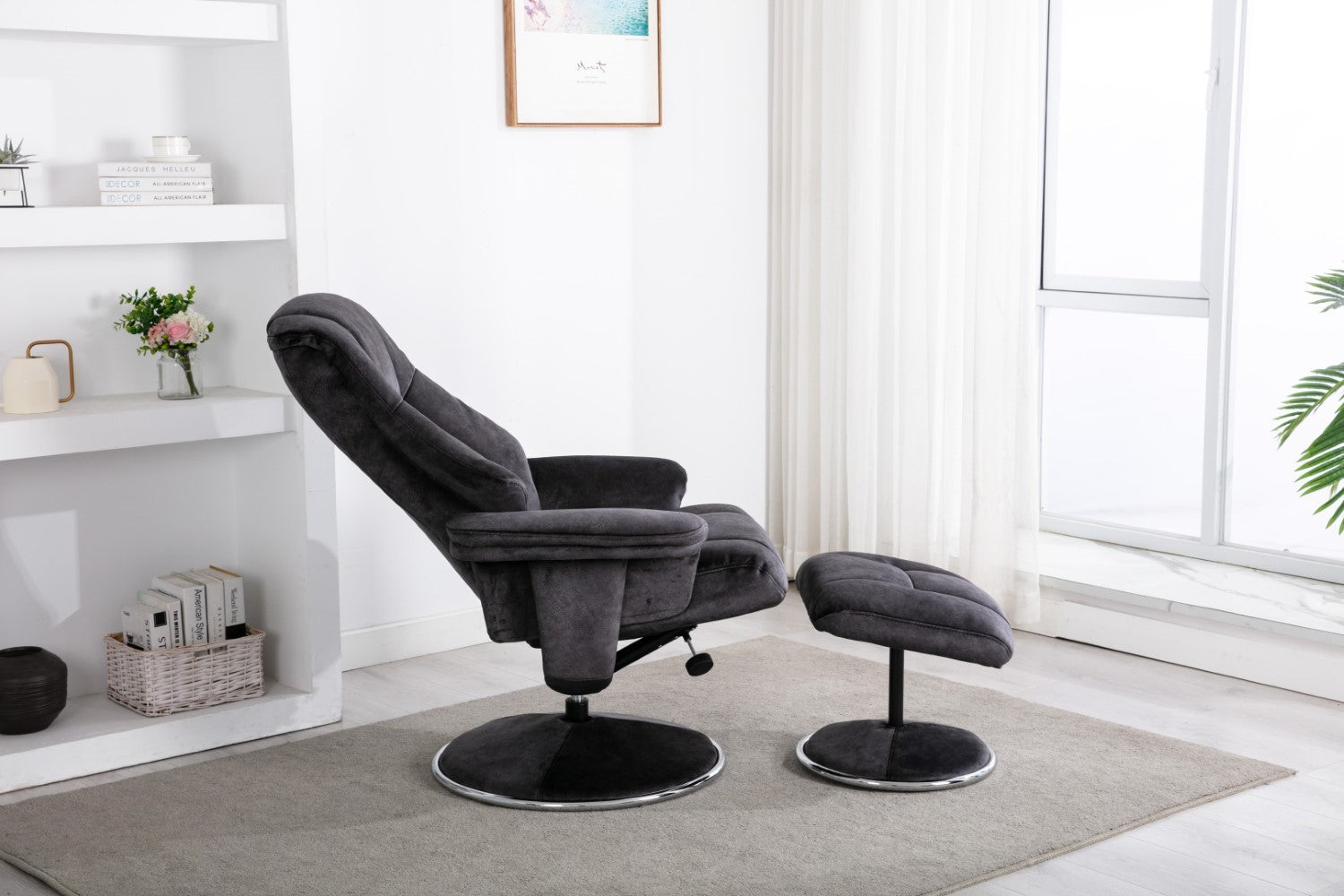 Black Fabric Swivel Recliner Armchair with Footstool - Home Furniture Interiors