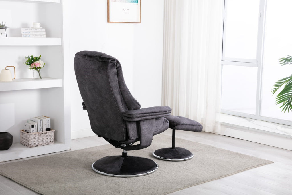 Black Fabric Swivel Recliner Armchair with Footstool - Home Furniture Interiors