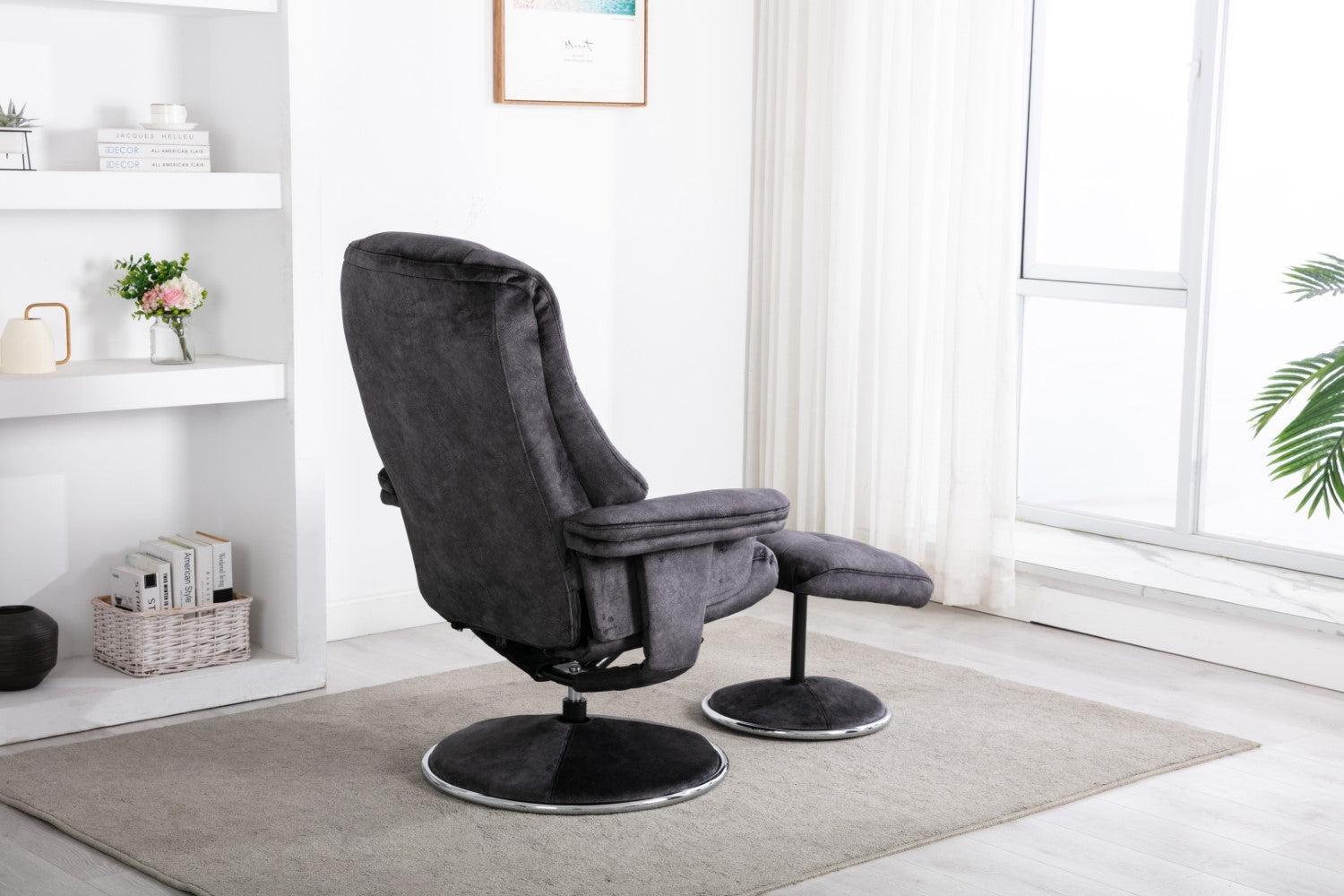 Black Fabric Swivel Recliner Armchair with Footstool - Home Furniture Interiors