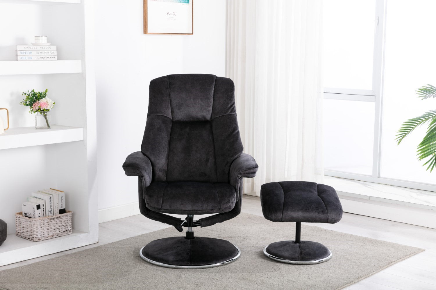 Black Fabric Swivel Recliner Armchair with Footstool - Home Furniture Interiors