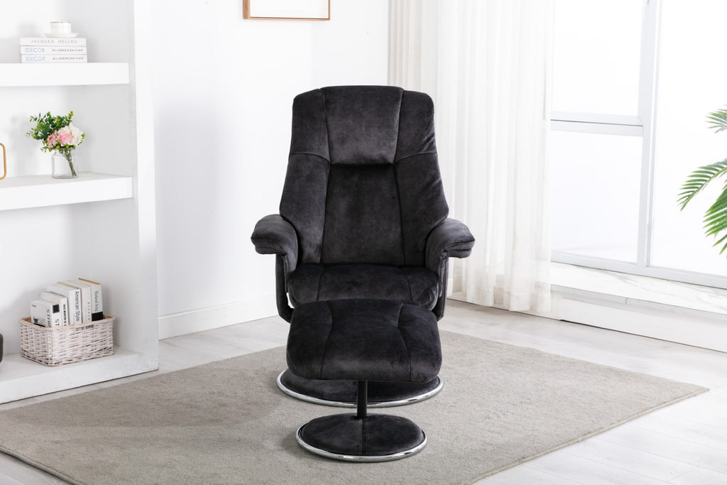 Black Fabric Swivel Recliner Armchair with Footstool - Home Furniture Interiors