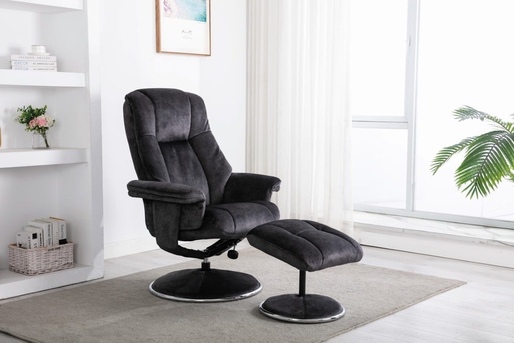 Black Fabric Swivel Recliner Armchair with Footstool - Home Furniture Interiors