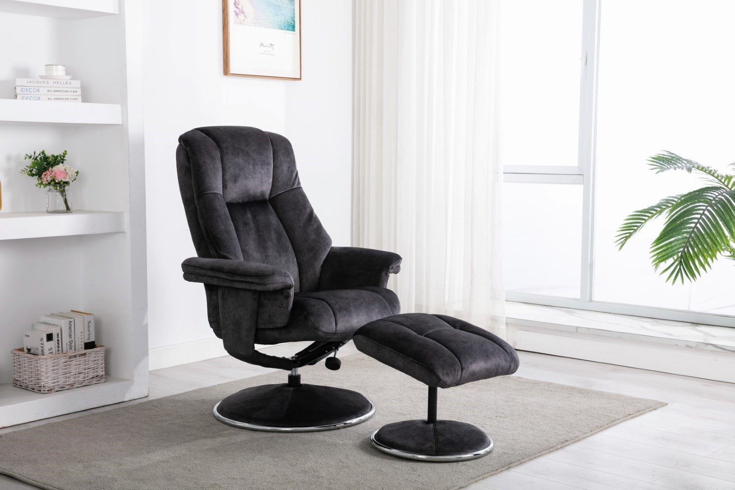 Black Fabric Swivel Recliner Armchair with Footstool - Home Furniture Interiors