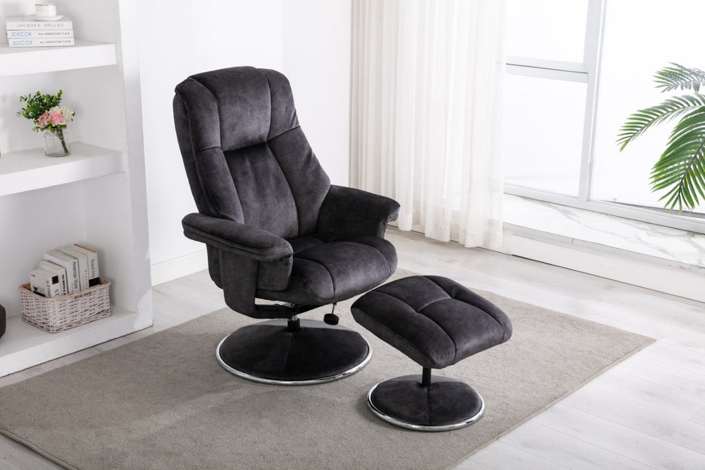 Black Fabric Swivel Recliner Armchair with Footstool - Home Furniture Interiors