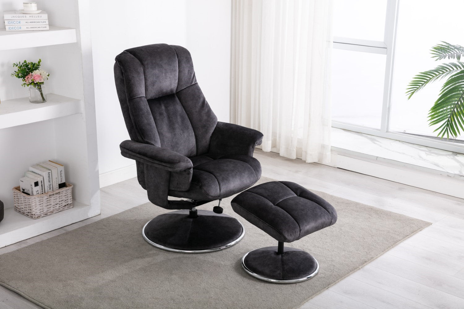 Black Fabric Swivel Recliner Armchair with Footstool - Home Furniture Interiors
