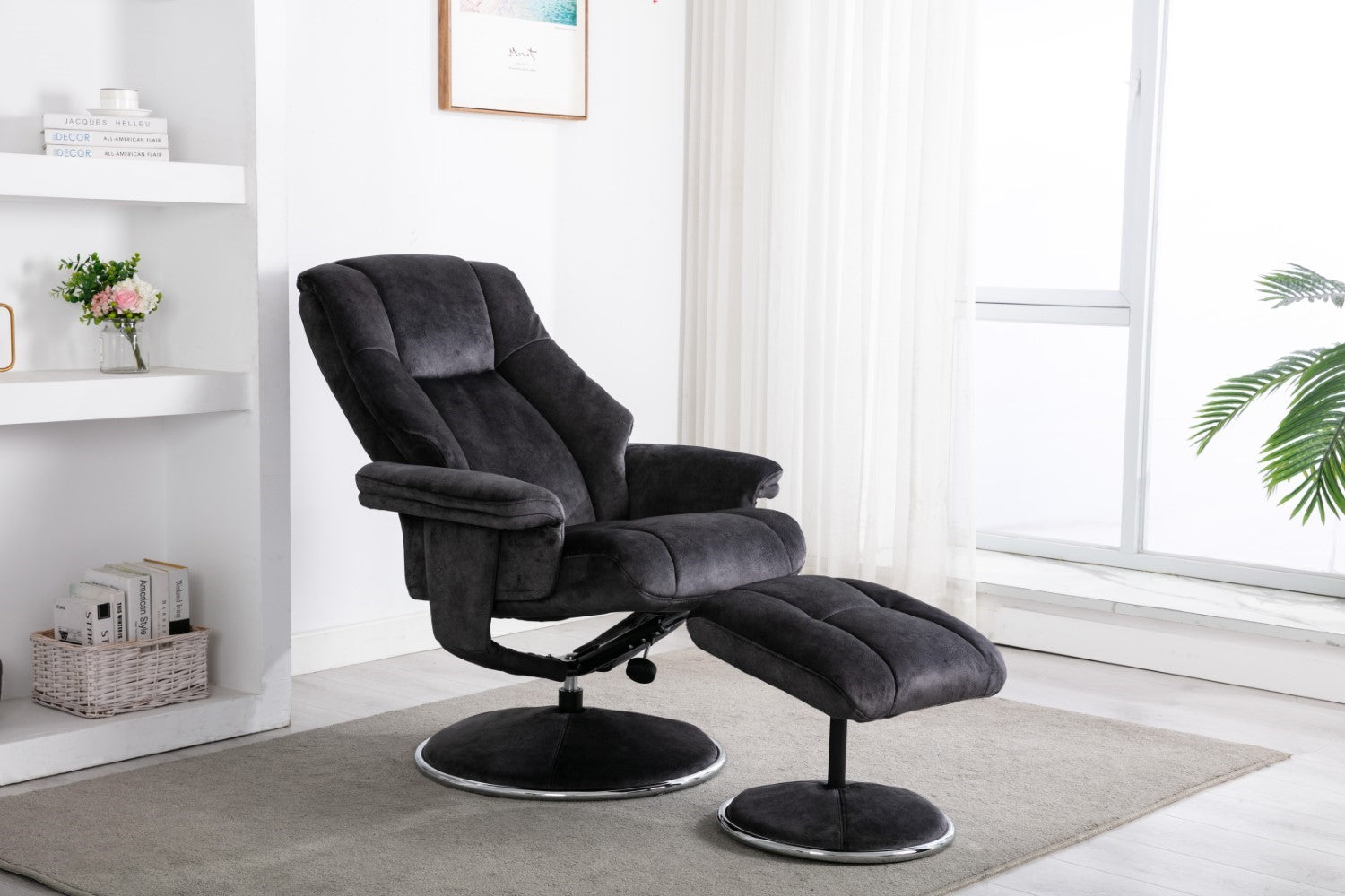 Black Fabric Swivel Recliner Armchair with Footstool - Home Furniture Interiors