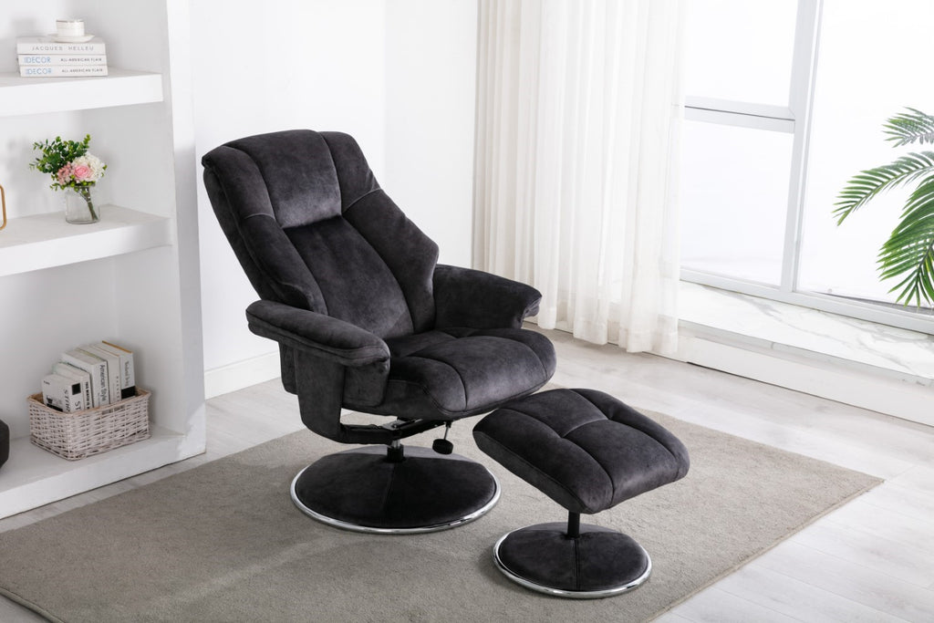 Black Fabric Swivel Recliner Armchair with Footstool - Home Furniture Interiors