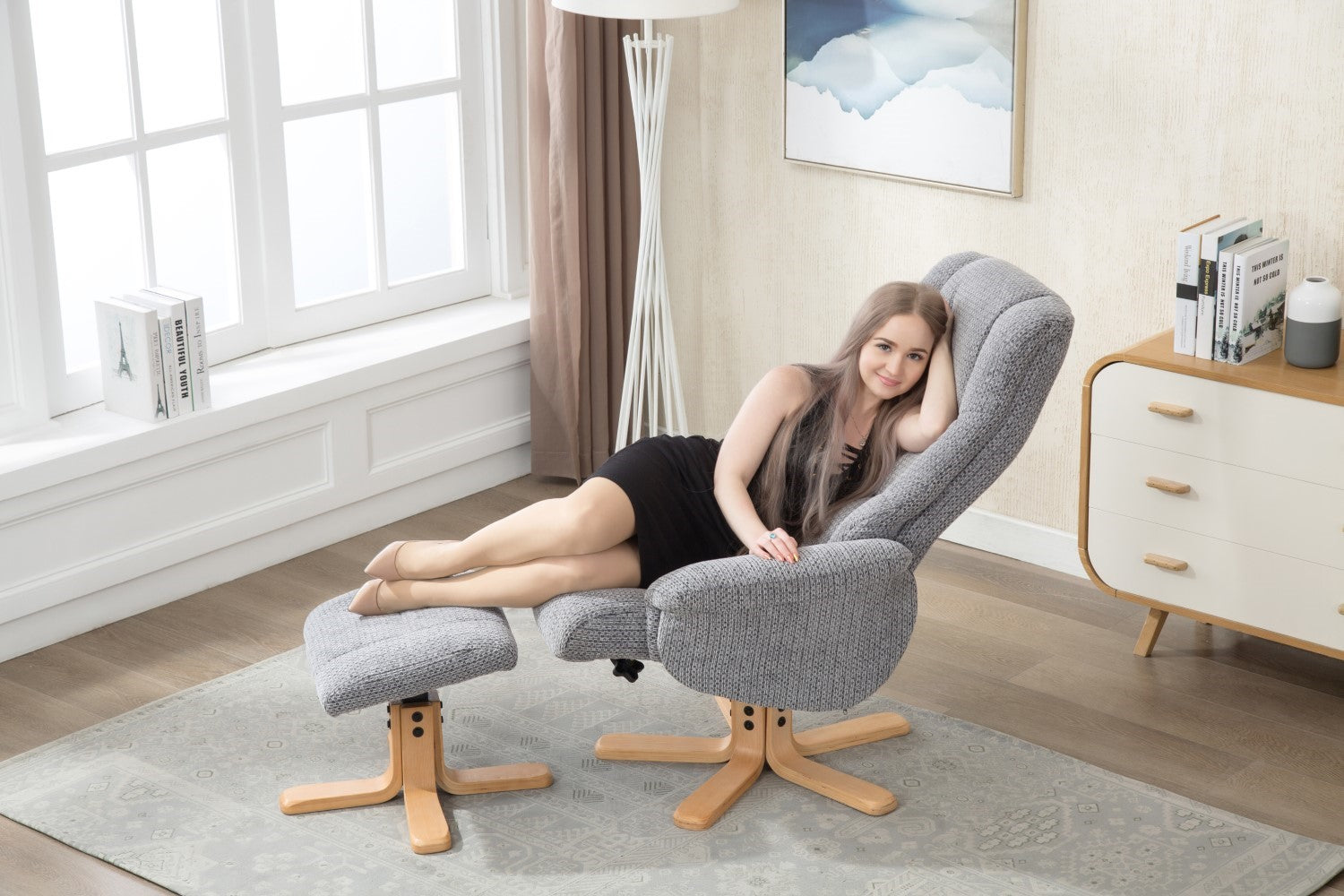 Blue Fabric Swivel Reclining Armchair with Footstool