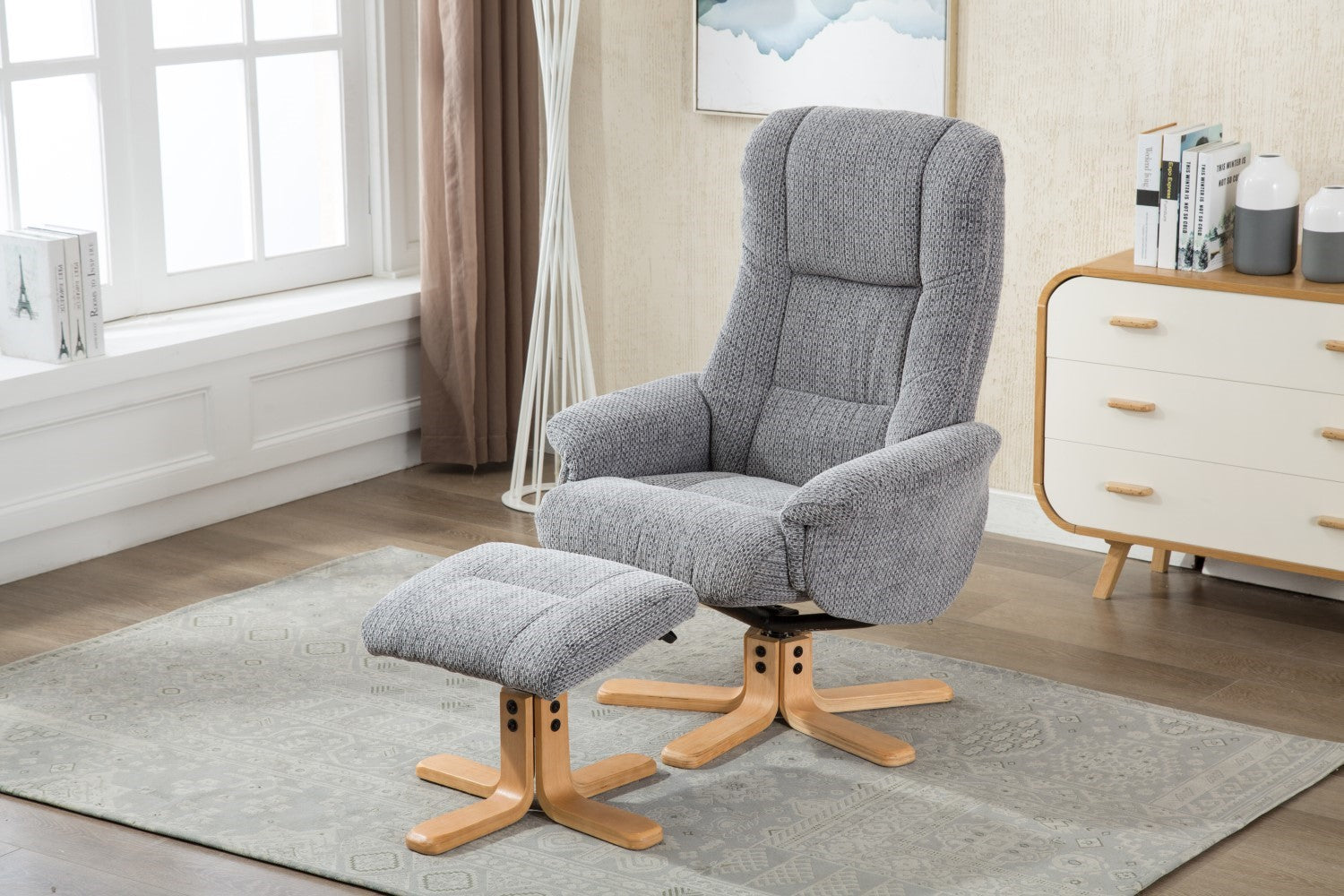 Blue Fabric Swivel Reclining Armchair with Footstool