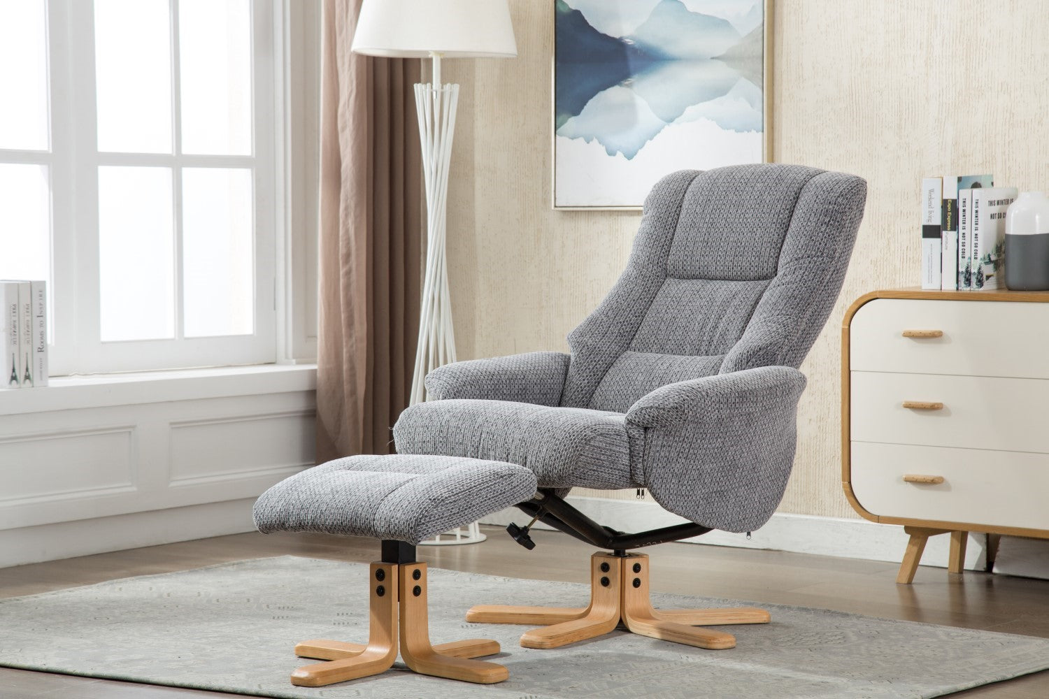 Blue Fabric Swivel Reclining Armchair with Footstool