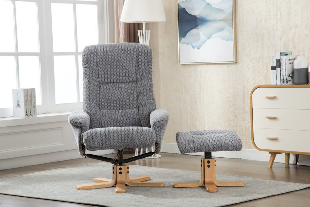 Blue Fabric Swivel Reclining Armchair with Footstool