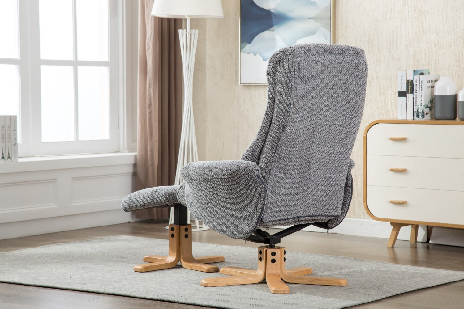 Blue Fabric Swivel Reclining Armchair with Footstool