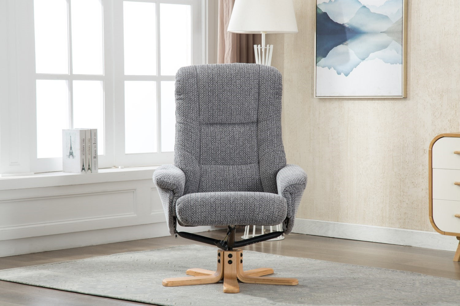Blue Fabric Swivel Reclining Armchair with Footstool
